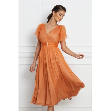 Rochie Leonard Collection orange din matase cu strasuri in talie Rochie Leonard Collection orange din matase cu strasuri in talie