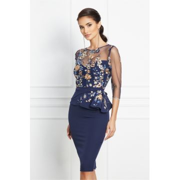 Rochie MBG bleumarin cu peplum si dantela brodata floral la bust