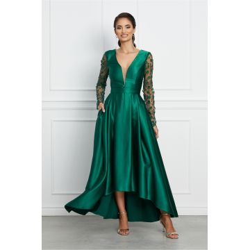 Rochie MBG verde satinata cu broderie pe maneci