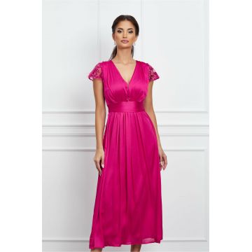 Rochie Moze fuchsia din voal satinat cu paiete la maneci