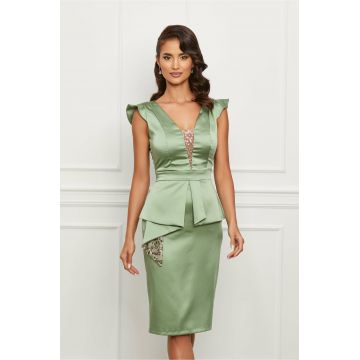 Rochie Moze verde fistic din satin cu paiete