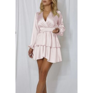 Rochie satinata Freira, cu volane si maneci lungi, Roz pal, Marime universala S/M