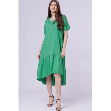 Rochie verde A-line, cu volan, cu nasturi pe spate, din poplin de bumbac