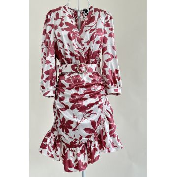 Rochie de Dama, cu Bust Petrecut ,Centura in Talie,si Imprimeu cu Frunze, Mauve, Floral