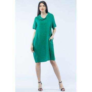 Rochie de vara midi din in, cu guler intors, verde