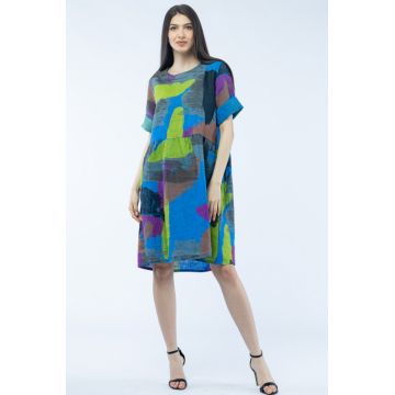 Rochie de vara midi din in, cu imprimeu pictural pe fond albastru