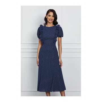 Rochie Dy Fashion bleumarin cu buline si volanase la bust