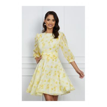 Rochie Dy Fashion din voal galbena cu imprimeu