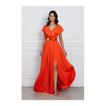 Rochie Dy Fashion Gaby lunga orange cu volanase la decolteu si curea in talie