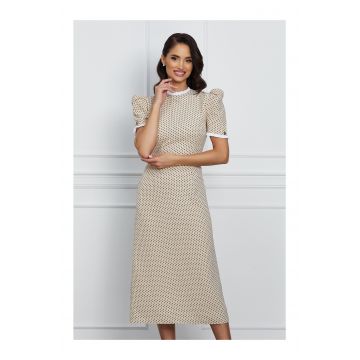 Rochie Dy Fashion midi bej cu buline si umeri bufanti
