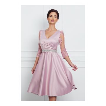 Rochie Ella Collection Adria roz cu maneci din dantela si cordon in talie