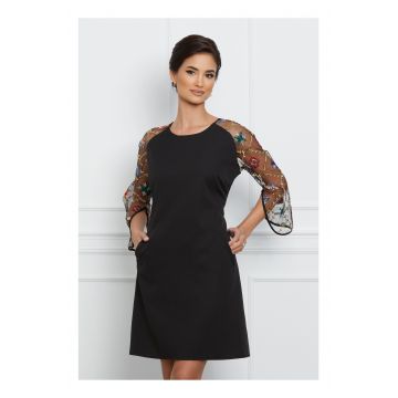 Rochie Ella Collection Andrea neagra cu borderie bej pe maneci si buzunare functionale