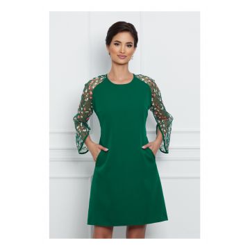 Rochie Ella Collection Andrea verde cu flori roz pe maneci si buzunare functionale