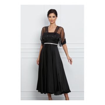 Rochie Georgiana neagra cu bust din organza si curea in talie