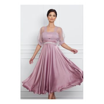 Rochie Georgiana roz cu bust din organza si curea in talie