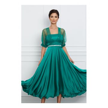 Rochie Georgiana verde cu bust din organza si curea in talie