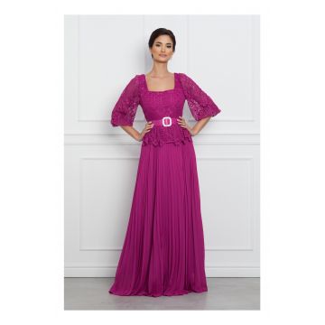 Rochie Hermina lunga magenta cu broderie la bust si curea in talie