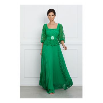 Rochie Hermina lunga verde cu broderie la bust si curea in talie