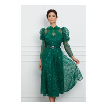 Rochie Ina verde cu glitter si funda din organza