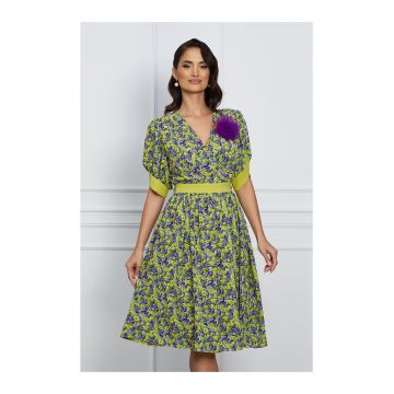 Rochie LaDonna verde lime cu imprimeuri florale mov