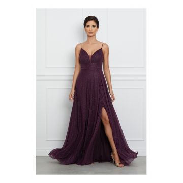 Rochie Laura lunga mov cu glitter si pliuri pe talie