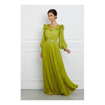 Rochie Laura verde lime lunga cu broderie florala si curea in talie