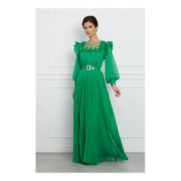 Rochie Laura verde lunga cu broderie florala si curea in talie