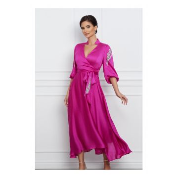 Rochie Magdalena fuchsia din satin cu strasuri pe maneci