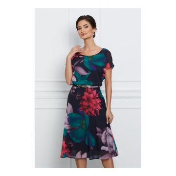 Rochie Maira neagra cu imprimeu floral si accesoriu in talie