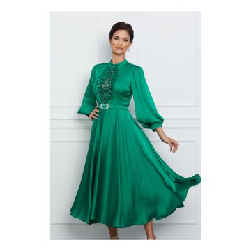 Rochie Marina verde din satin cu margelute la bust