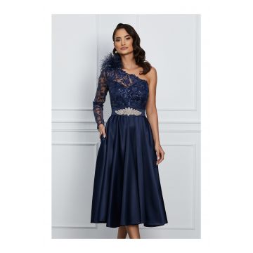 Rochie MBG bleumarin cu pene la umar si brau cu strasuri