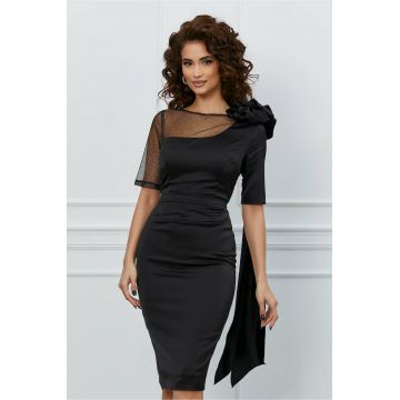 Rochie MBG neagra din satin cu aplicatie maxi pe umar