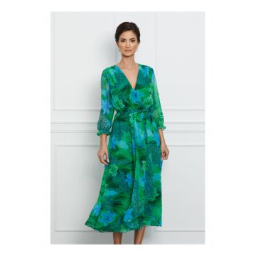 Rochie Serena verde cu animal print si flori albastre