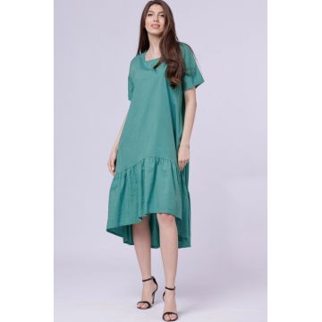 Rochie turcoaz A-line, cu volan, cu nasturi pe spate, din poplin de bumbac