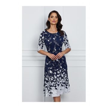 Rochie Yara bleumarin cu frunze albe si curea in talie