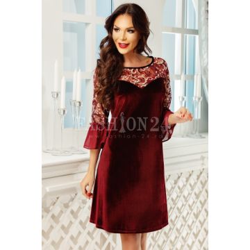 Rochie Alena bordo din catifea si broderie