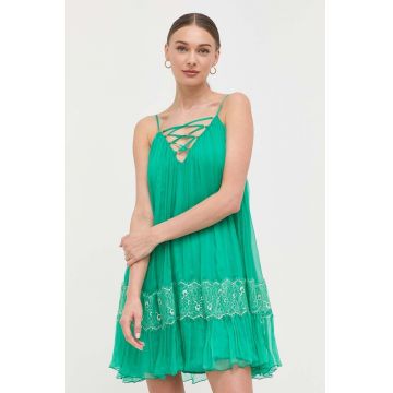 Nissa rochie de matase culoarea verde, mini, evazati