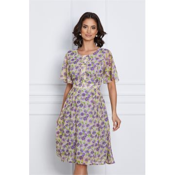 Rochie Adelina lila cu imprimeuri florale si volan la bust