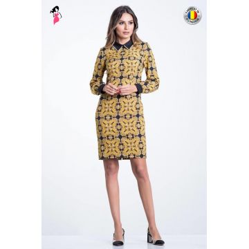 Rochie casual Xara mustar cu imprimeu fractal