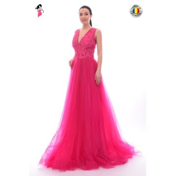 Rochie de seara lunga de tulle ciclam