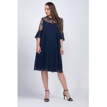 Rochie din voal bleumarin cu dantela in partea superioara