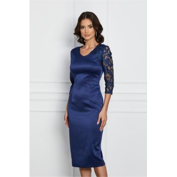 Rochie Dy Fashion bleumarin din tafta cu o maneca din dantela