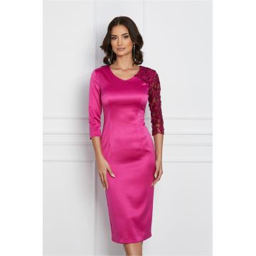 Rochie Dy Fashion magenta din tafta cu o maneca din dantela Rochie Dy Fashion magenta din tafta cu o maneca din dantela