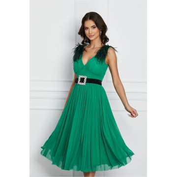 Rochie Dy Fashion verde cu pene la umeri si curea detasabila in talie