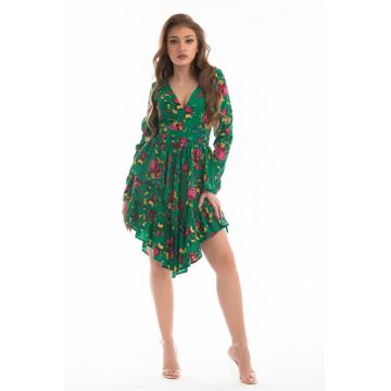 Rochie eleganta asimetrica verde cu imprimeu floral colorat