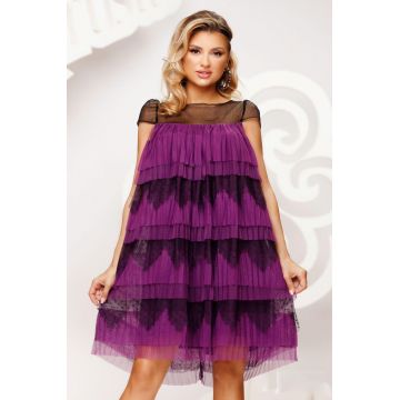 Rochie eleganta cu croiala in A formata din randuri de volane din tull mov