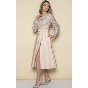 Rochie eleganta de ocazie din tafta bej cu broderie in partea superioara