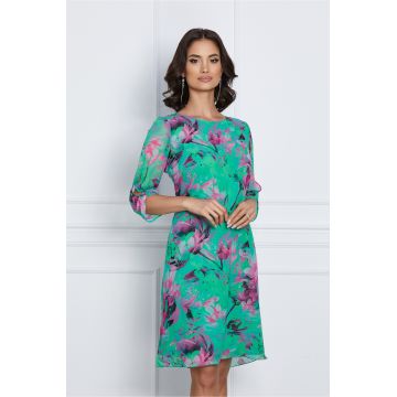 Rochie Fiona verde cu imprimeu fucsia