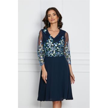 Rochie Karla bleumarin cu flori bleu pe bust