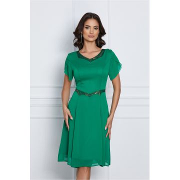 Rochie Linda verde cu glitter in talie si la decolteu